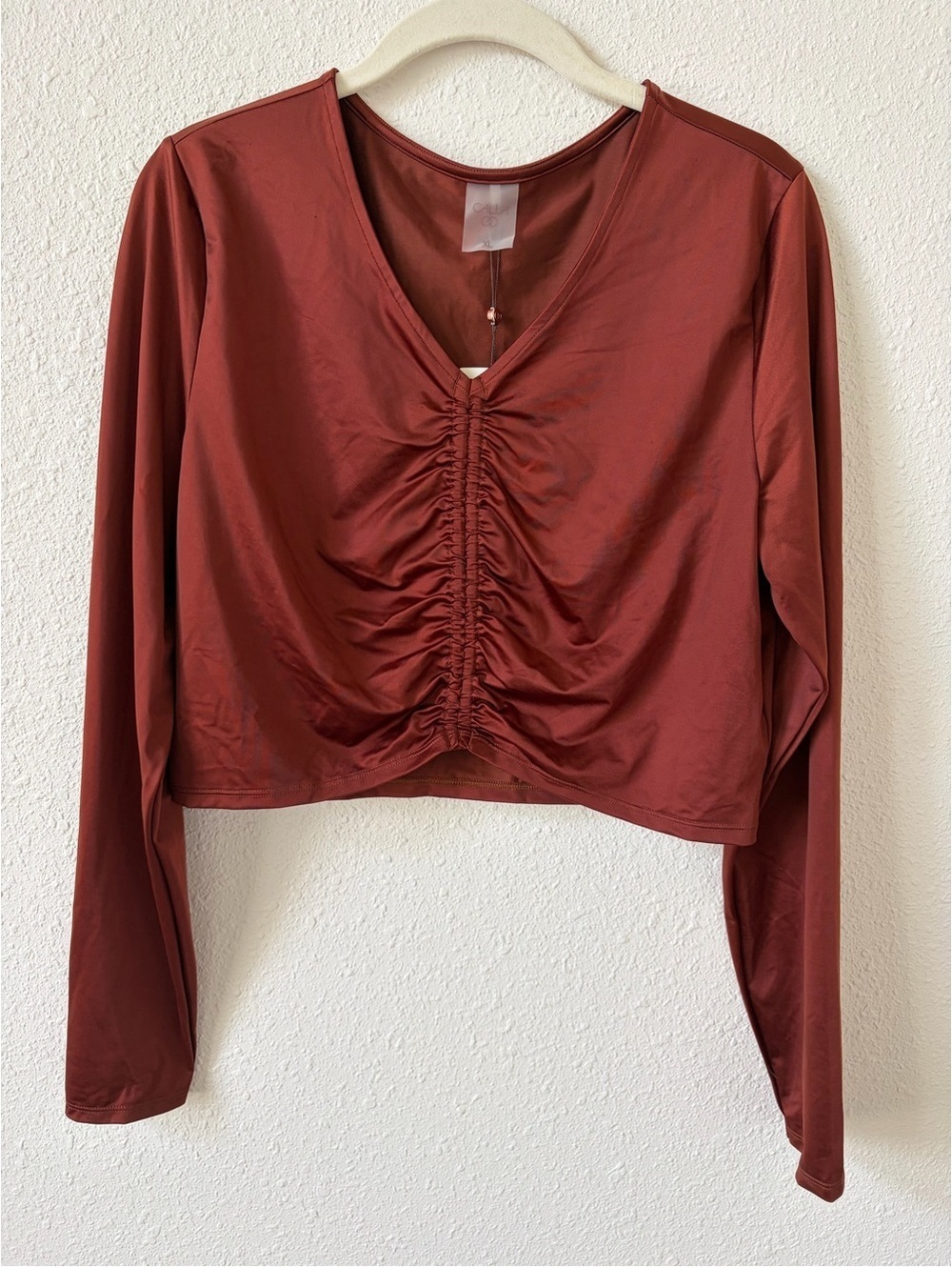 Calia LS Ruched Rashguard Red Brown Shine Shirt Size XL Beach Vacation UPF 50